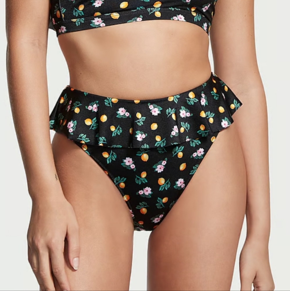 Victoria's Secret Women's Lemon Floral Ruffle Bikini Bottom Black S
